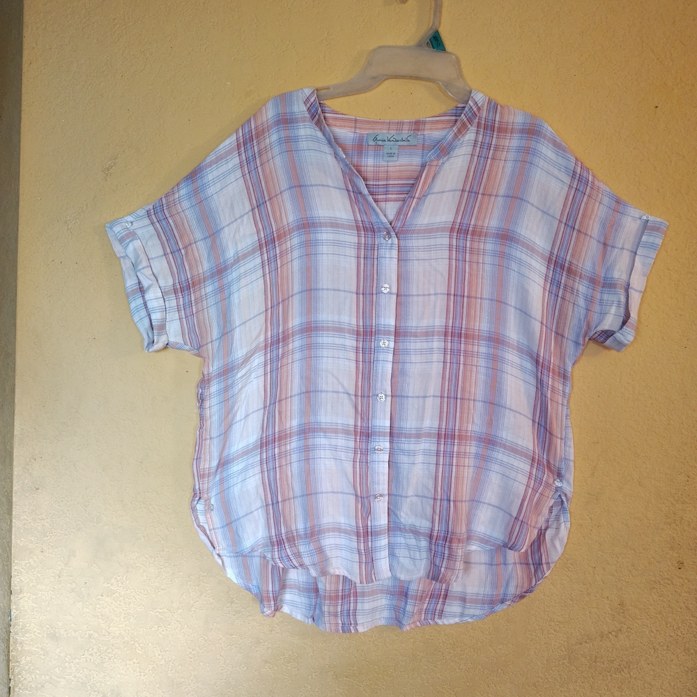 Gloria Vanderbilt Boxy Blue and Pink Short Sleeve Blouse